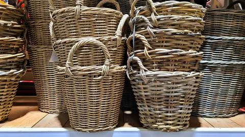 Baskets woven from thin rods are used very often in villages Stock Photos