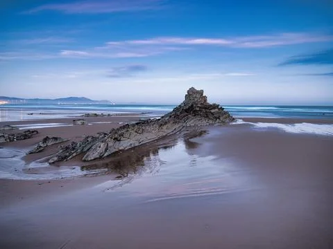 Basque coast flysch at sunset - A long-exposure shot of the dramatic, jagge.. Stock Photos