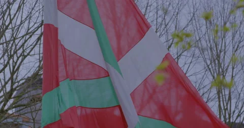Basque Country flag flaps gently in the wind atop flagpole. Closeup. Stock Footage 154754902