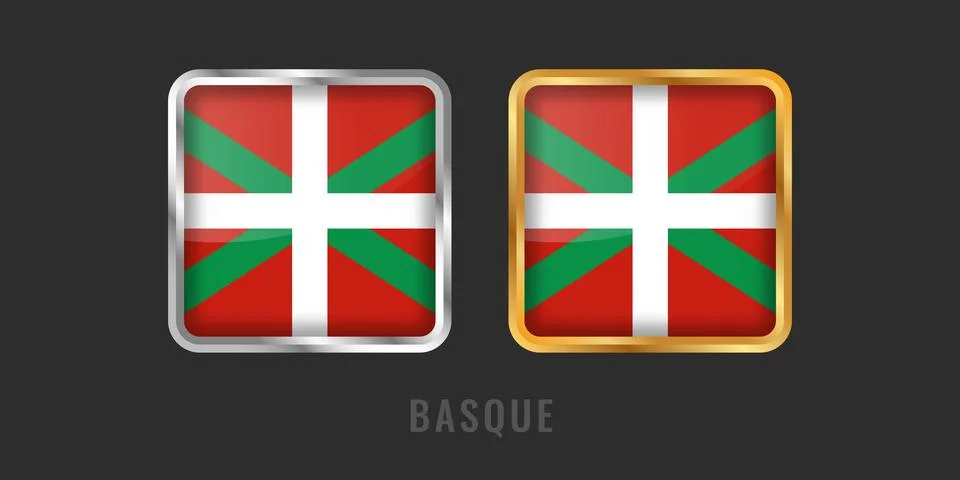 Basque Country Flag Square 3D Button Set in Gold and Silver Frames Illustrazione stock