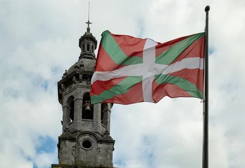 Basque flag flying in a village , Basque Country, Spain Stock Photos