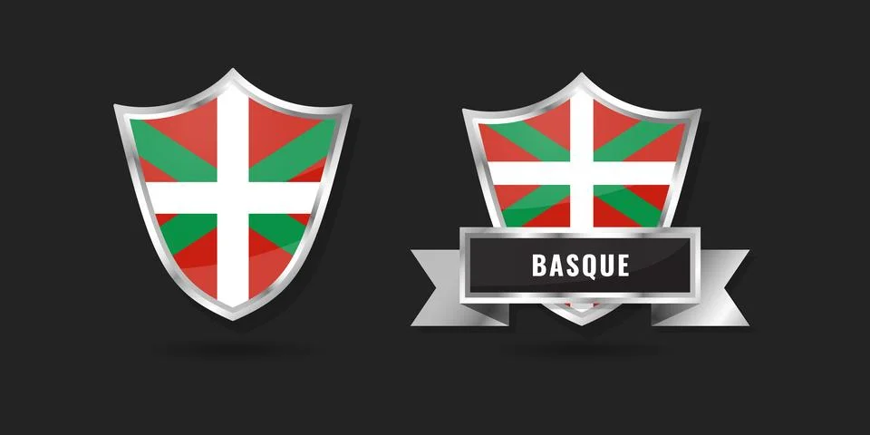 Basque Flag Shield Emblem Set, Ikurria Glossy Silver Badges with Ribbon, Ba.. Stock Illustration