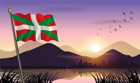 Basque lands flag flying against a beautiful sunrise sky. Stock Illustration