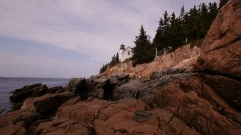 Bass Harbor Head Lighthouse in Acadia National Park in Maine, USA. Wide shot. Stock Footage 100060938