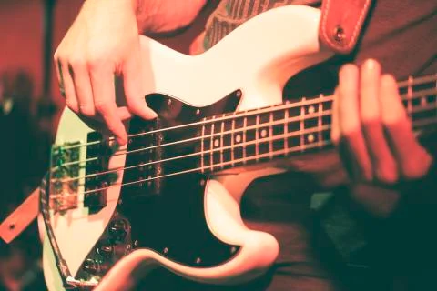 A bass player performs live Foto stock