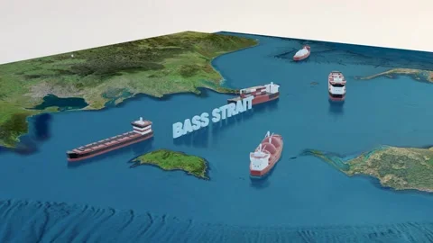 Bass Strait 3D Map Animation with Cargo Ships in 4K Horizontal Vídeo Stock 341131775