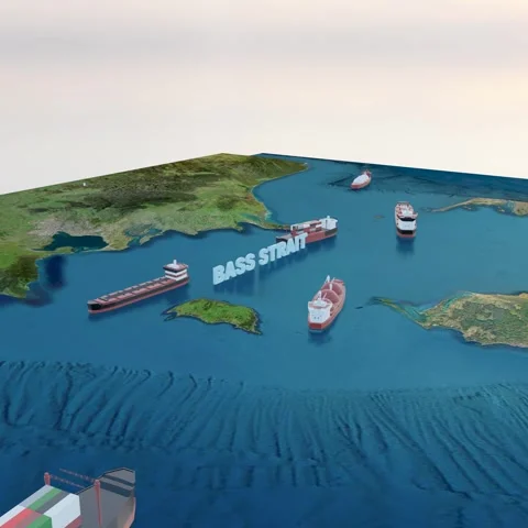 Bass Strait 3D Map Animation with Cargo Ships in 4K Square Stockbeeldmateriaal 341131823