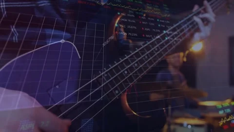 Bassist plucking strings causing animated charts rising, showing music data, Stock Footage 328178059