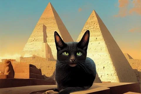 Bastet cat sitting at front of Pharaoh pyramids in Sahara desert. Stock Illustration