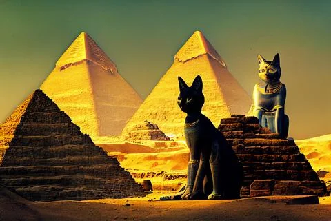 Bastet cat sitting at front of Pharaoh pyramids in Sahara desert. Stock Illustration