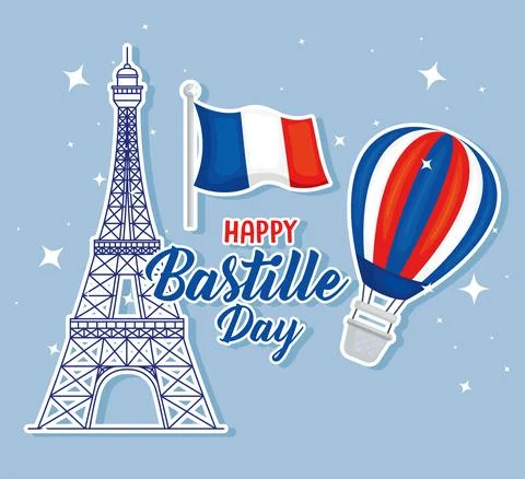 Bastille day eiffel tower and hot air balloon Stock Illustration