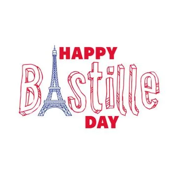Bastille day lettering with eiffel tower hand draw style Illustrazione stock
