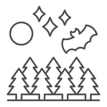 Bat on background of forest and moon thin line icon, halloween concept, bat in Ilustração Stock