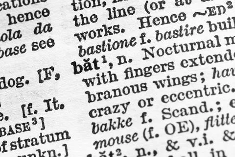 Bat - Closeup macro of English dictionary page with word bat Stock Photos