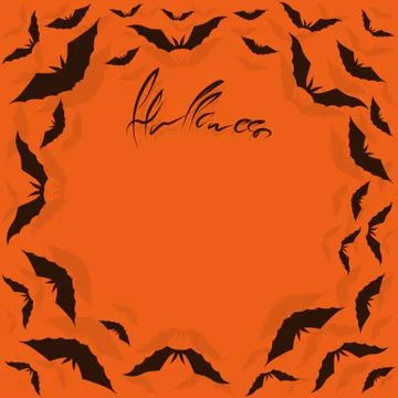 Bat dark. Forms a frame,  orange background. Happy halloween. Bat cartoon Stock Illustration
