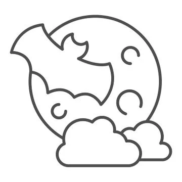 Bat with full moon clouds thin line icon, halloween concept, big moon and Ilustração Stock