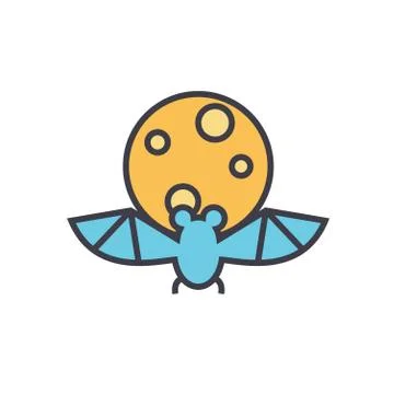 Bat at full moon   flat line illustration, concept vector isolated icon Stock Illustration
