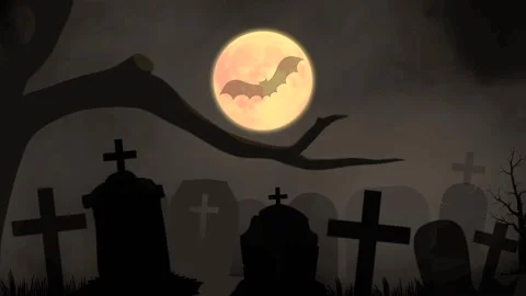 Bat on full moon at graveyard. Animated horror scene. Halloween. Spooky place. Stock Footage 221204882