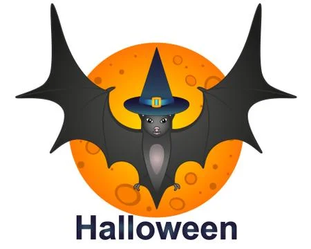 A bat in a hat against the background of the moon is a full-color vector picture Illustrazione stock