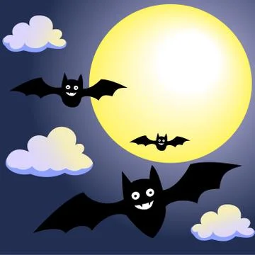 Bat with Moon and Clouds on Night Sky-Vector Illustration Stock Illustration