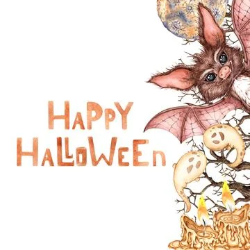 Bat moon and ghosts frame watercolor Ilustração Stock