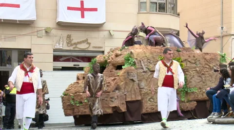 Bat people dancing on parade float that turns left Stock Footage 47956073