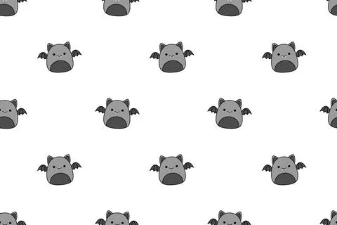 Bat on seamless pattern. Squishmallow. Cute bat. Kawaii, Vector Stock Illustration