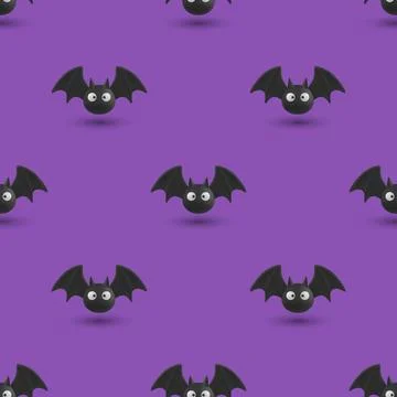 Bat Seamless Pattern, Vector Illustration. Cute Black Flying Bats with Big Eyes Stock Illustration