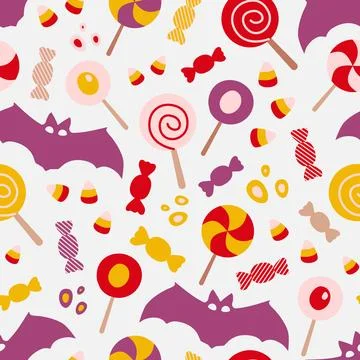 Bat, sweets and candy. Bright seamless Halloween pattern with holiday objects Illustrazione stock