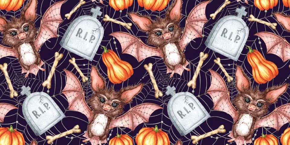 Bat tombstone spider web pattern on blue watercolor Stock Illustration