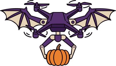 Bat winged drone carrying small Halloween pumpkin Stock Illustration