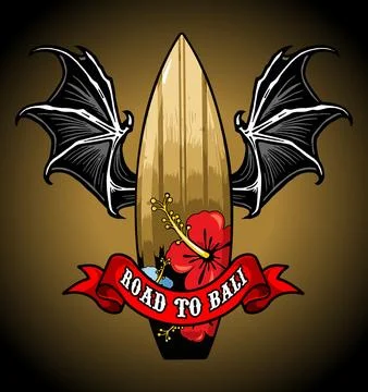 Bat winged surfboard on red background Stock Illustration