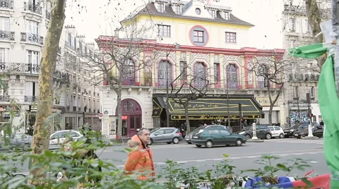 Bataclan Theatre Parisseen through trees Stock Footage 60205879