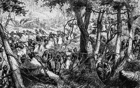 Bataille de stanlay contre les indigenes, la conquete de l'afrique par paul g Stock Illustration
