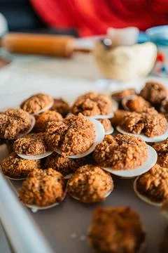 Batch of Brown Christmas Cookie Macaroons in the Bakery Kitchen Stock Photos