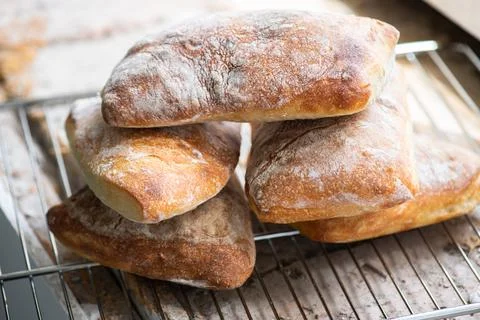 Batch of ciabatta bread on a cooling rack. Stock Photos