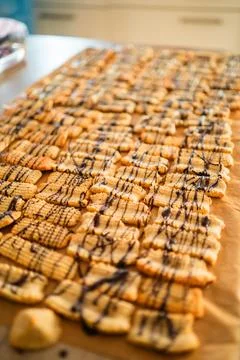 Batch of Delicious Shortbread Biscuits with Choclate Decoration Baked and P.. Stock Photos