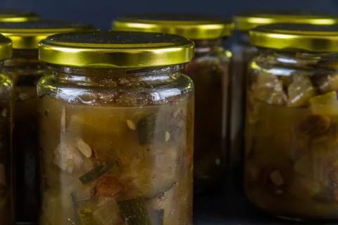 Batch of home made marrow chutney jars, landscape. Stock Photos