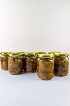 Batch of home made marrow chutney jars, portrait. Stock Photos