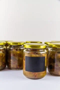 Batch of home made marrow chutney jars, portrait copyspace label to fill. Stock Photos