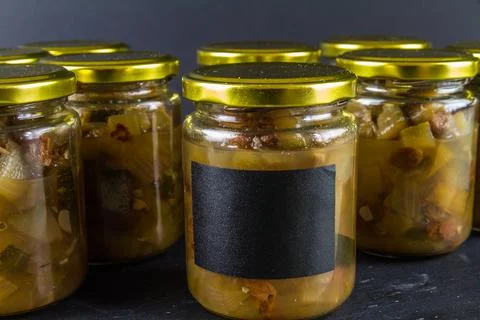 Batch of home made marrow chutney jars, landscape copyspace label to fill. Stock Photos
