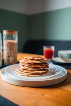 Batch of Pancakes on a Breakfast Table Stock Photos
