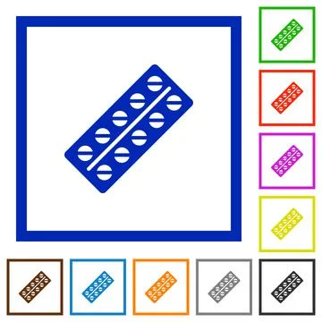 Batch of pills in blister pack flat framed icons Stock Illustration
