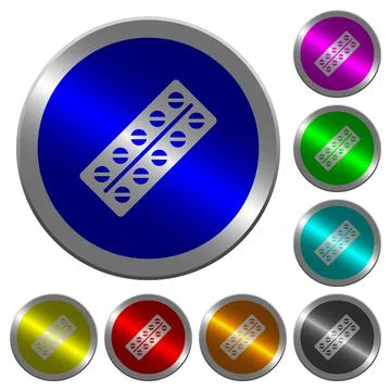 Batch of pills in blister pack luminous coin-like round color buttons Stock Illustration