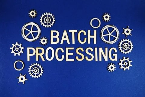 Batch Processing alphabet letters with gears element on navy blue background 库存照片