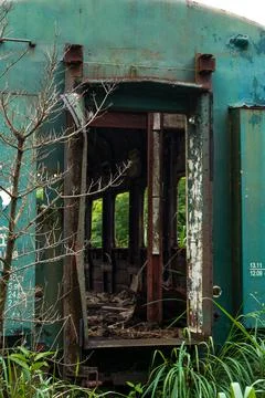 A batch of rusty train carriages abandoned in the forest Fotos de archivo