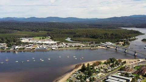 Batemans bay downtown and bridge on Clyde river in South coast – aerial 4k. Stock Footage 185995152