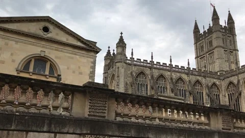 Bath Abbey and Roman Baths in the city of Bath, England - Pan Video stock 168760676