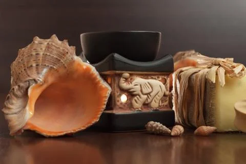 Bath accessories background handmade soap seashell Stock Photos