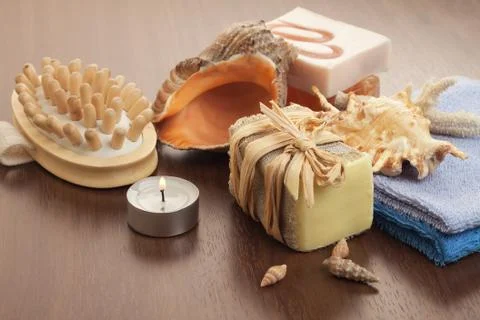Bath accessories background with handmade soap Foto stock